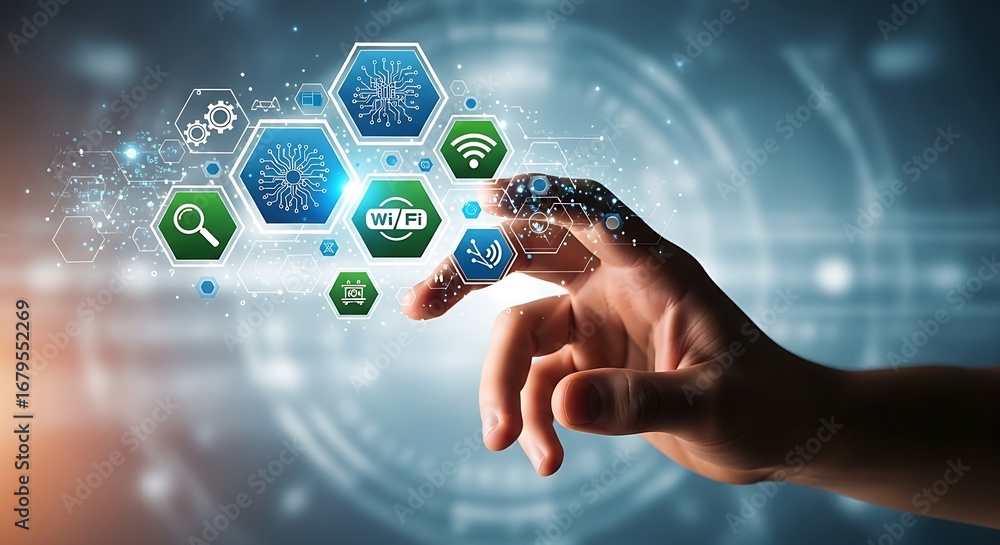 Poster hand interacting with digital interface displaying network and technology related icons and symbols