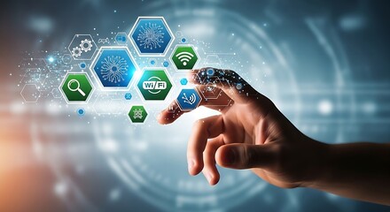 Hand interacting with digital interface displaying network and technology related icons and symbols