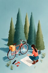 Woman with brown hair kneeling beside a red bicycle, studying a map in a serene forest setting, surrounded by tall evergreen trees, showcasing adventure and exploration