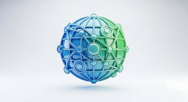 A stylized globe with interconnected nodes and lines, gradient from blue to green, on a white background