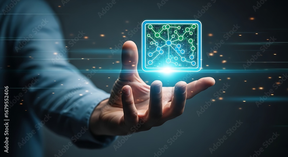 Poster a hand holding a glowing cube with a network pattern against a dark background with light effects