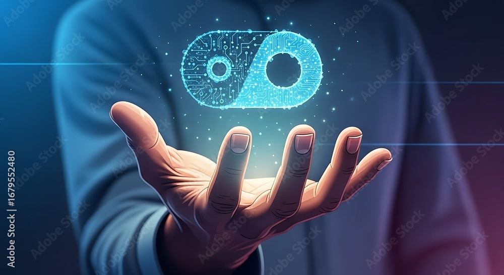 Poster a hand holding a glowing blue digital symbol with circuit patterns in a futuristic setting design
