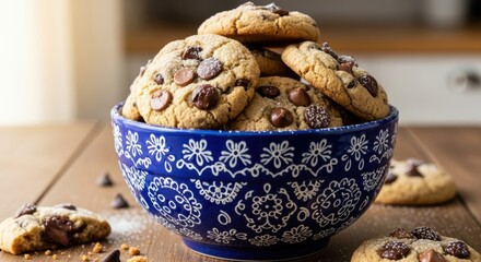 Delicious chocolate chip cookies piled high in a blue decorative bowl