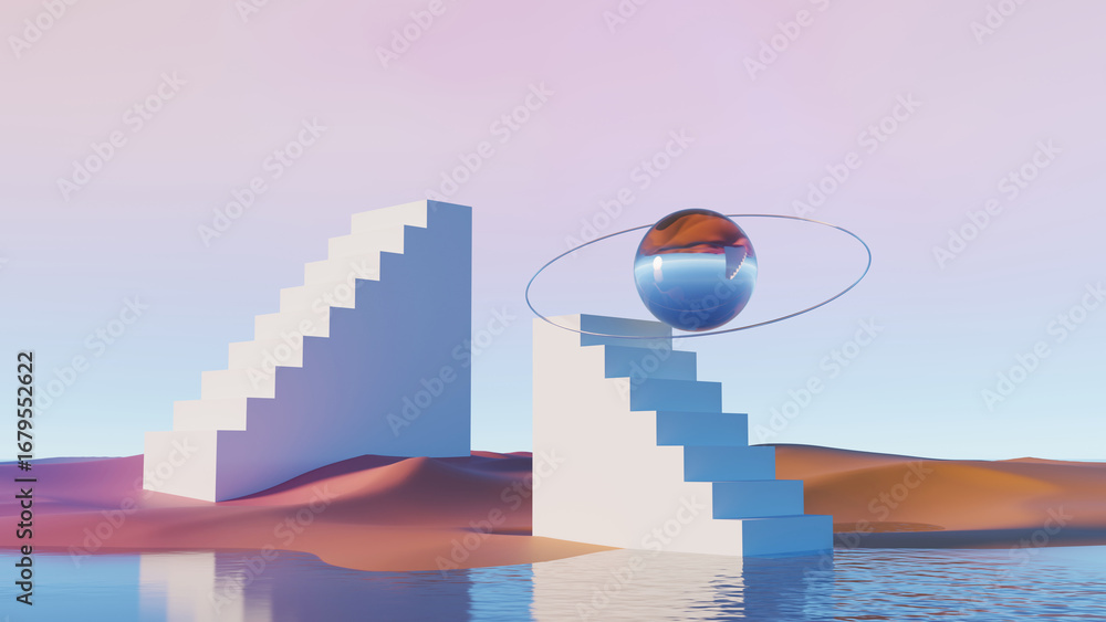 Poster 3d render, surreal scene with floating reflective sphere and white stairs