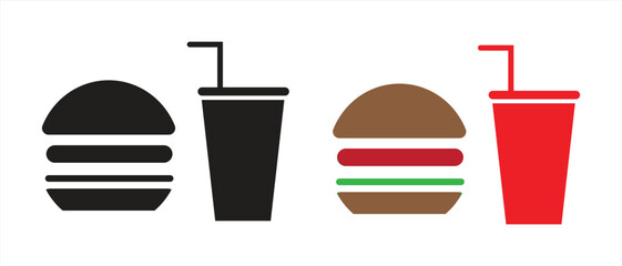 Burger and Drink Icon Set – Fast Food Combo with Soda Cup and Hamburger Vector Illustration for Restaurant, Cafe, and Food Delivery Design