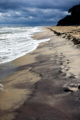 Bałtyk, morze, woda, zachód słońca, plaża, mewa, chmury, krajobraz