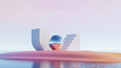3d render, abstract minimal landscape with geometric shapes and glass sphere