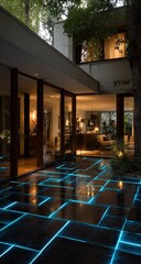 Modern courtyard at night, glowing blue tile floor