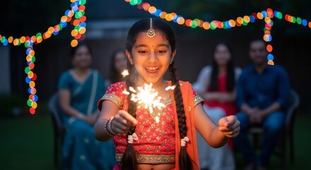 Diwali celebration: a girl holds sparklers with family. Use for festive cards, ads, event invites. Captures joy, tradition. Perfect for Indian festivals marketing.
