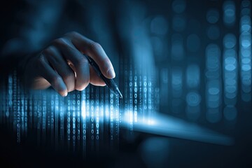 A hand holding a pen, hovering over a tablet displaying binary code, bathed in a soft, blue light