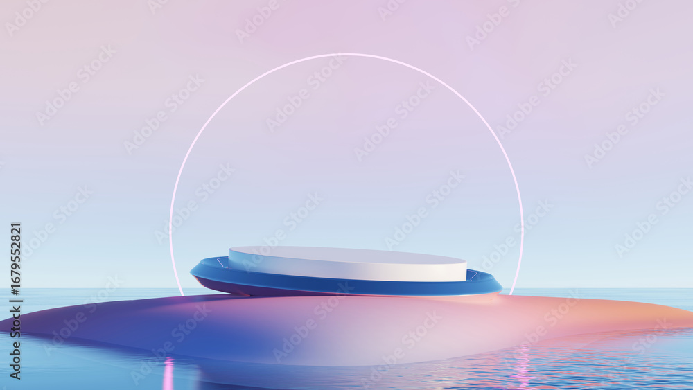 Poster 3d render, abstract minimal platform with pastel gradient and circular arch