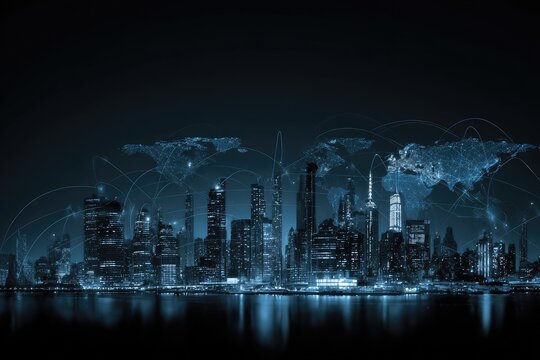 City skyline at night, global network overlay
