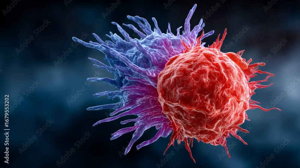 Poster colorful 3d illustration of a red and purple cell interacting in a dynamic biological environment, s