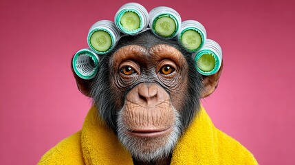 Chimpanzee wearing yellow bathrobe and hair rollers, posing against a vibrant pink background, showcasing a playful and humorous take on relaxation and self-care in a whimsical setting