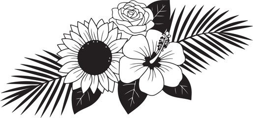 A Beautiful Tropical Floral Arrangement: A Hand-Drawn Illustration Featuring a Sunflower, Rose, Hibiscus, and Palm Leaves