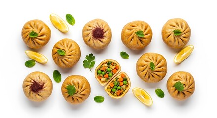 Assortment of Vegetarian Dumplings with Herbs and Lemon.