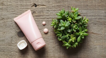 Pink Skincare Cream Tube with a Green Succulent Plant