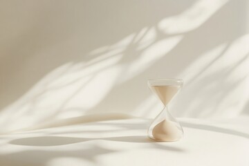 Sand flowing through hourglass, symbolizing passing time, on beige background with shadows, minimalist style