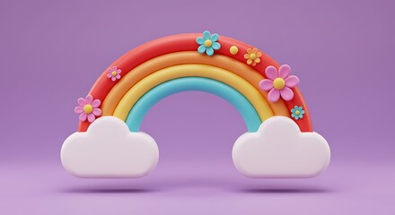 Whimsical 3D Rainbow with Flowers and Clouds on Purple Background