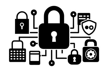 Simple Digital Security Lock Icons Black Silhouette Vector on White Background