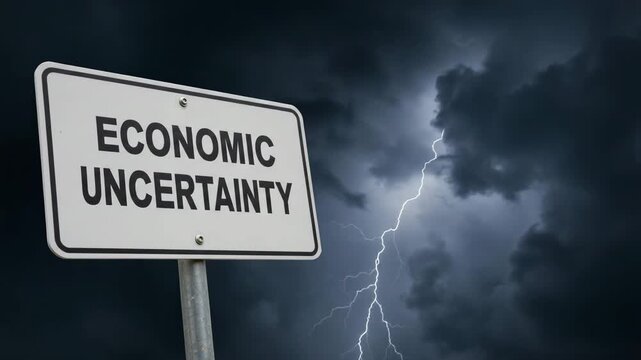 Economic uncertainty concept with warning sign and stormy sky background showing financial crisis or market volatility risk
