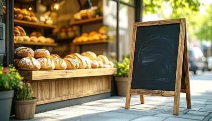 Freshly baked breads displayed outside a bakery with a chalkboard sign