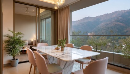 Modern dining area with mountain view