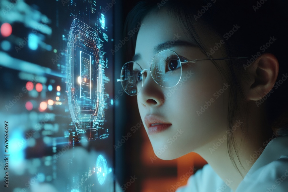 Aufkleber computer engineer working on holographic artificial intelligence powered by a microchip, futuristic 