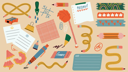 Set of stationery elements including pencils, pens, notes, eraser, clips, and colorful tape. Perfect for students, teachers, planners