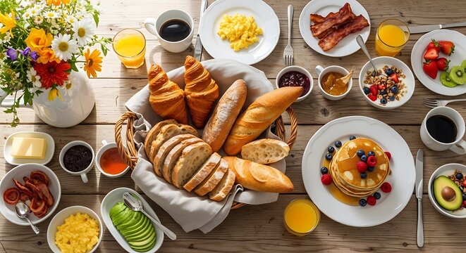 Breakfast Spread with Bread, Pastries, and Fruit. - Powered by Adobe