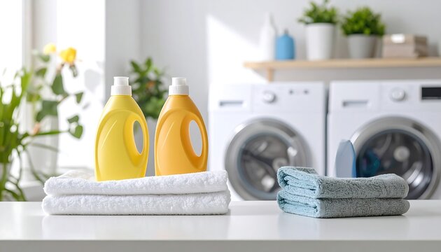 A bright, modern laundry room scene, featuring detergent bottles and stacked towels