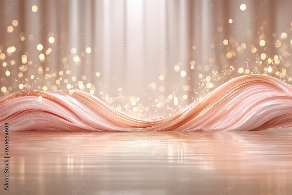 Poster elegant backdrop featuring a soft pink wave with a shimmering bokeh, creating a luxurious and inviti
