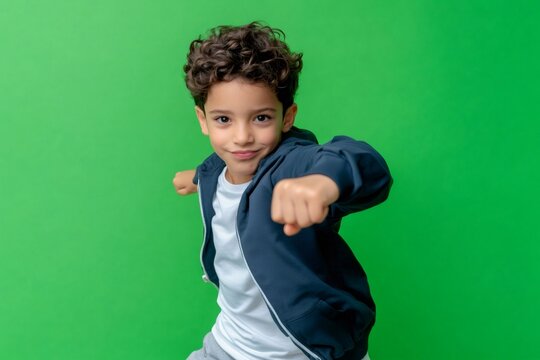 Young hispanic boy throwing a punch towards the camera with a playful expression, standing against a vibrant green chromakey background