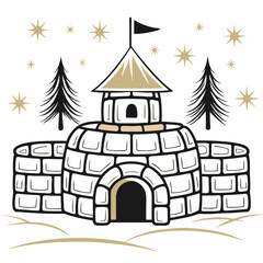 Snow fort illustration with pine trees and stars in winter scene  