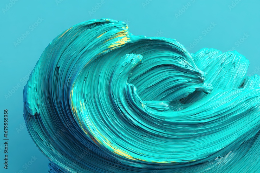Poster a vibrant turquoise paint stroke with subtle yellow accents against a matching backdrop, creating a 