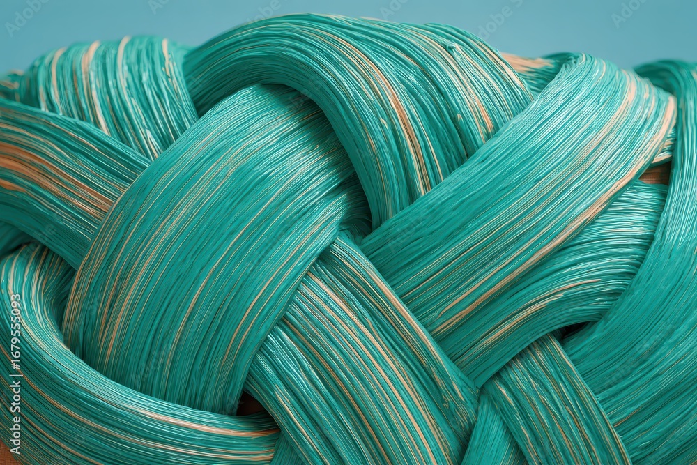 Poster close-up of intricately woven turquoise and beige textured strands creating a pattern, highlighting 