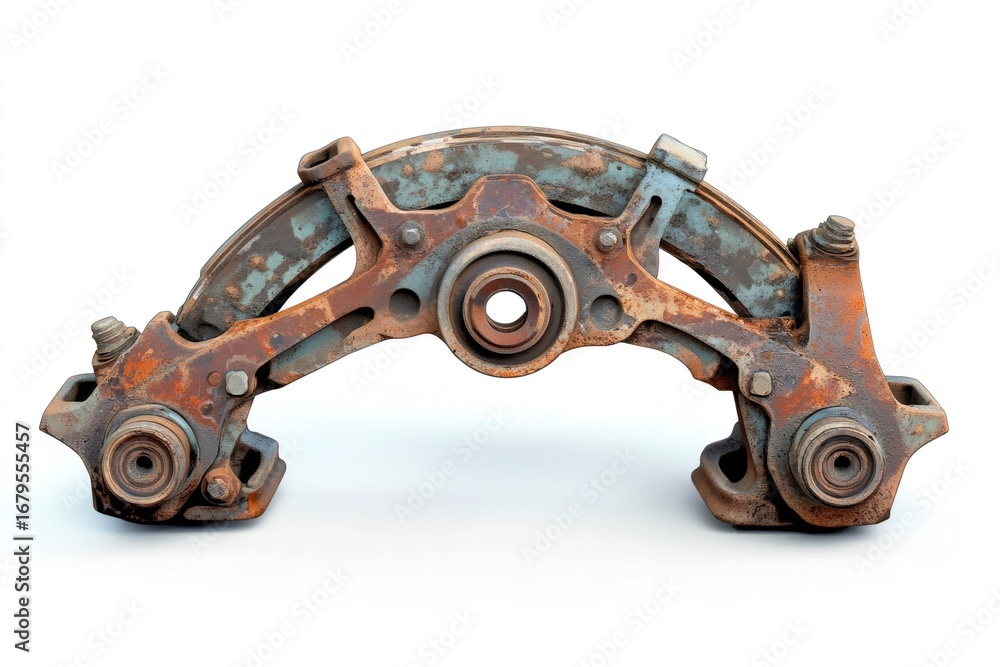 Poster close up of a rusty dual piston brake caliper, showcasing its intricate details and worn condition a
