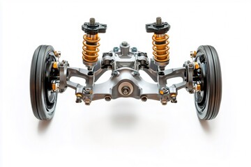 Aluminum dual ball joint suspension with shock absorbers and wheels isolated on white background, representing automotive engineering and chassis technology