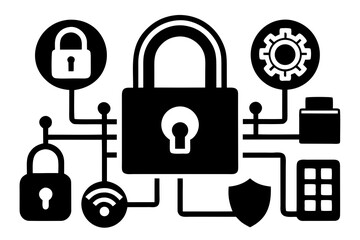 Black Silhouette Digital Security Lock Symbol Vector Illustration Isolated on White