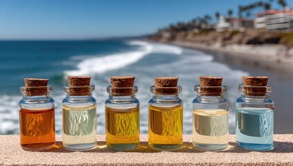 Small glass bottles of liquid, likely essential oils or perfumes, lined up on a light beige surface, with a coastal backdrop