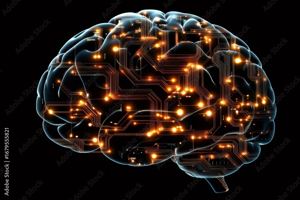 Aufkleber glowing electronic circuit forming a digital brain symbolizing artificial intelligence, machine lear
