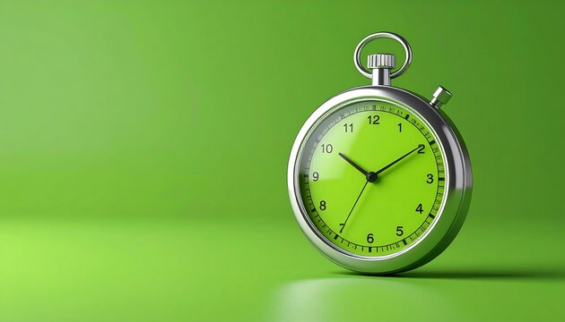 A chrome pocket stopwatch on a vibrant lime green surface