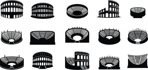 Ancient colosseum and amphitheater icons, Roman stadium architecture silhouettes, historical arena structures for heritage, tourism, architecture, and educational design use. © Hanif World