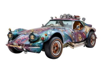 Hand-Painted Art Car on Transparent Background