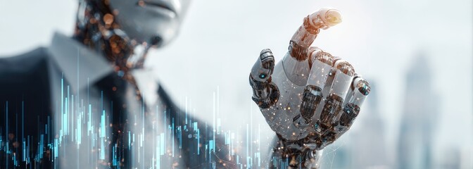 Futuristic robot hand interacts with data overlay