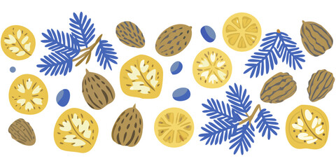 Stylized illustration of natural elements including pine needles nuts and citrus slices on a black background
