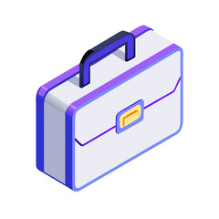 Modern isometric briefcase with purple accents and yellow clasp on black background