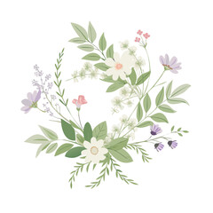 Delicate floral wreath arrangement with white pink and purple flowers and green leaves on black background