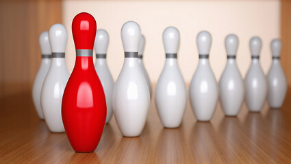 Naklejka premium A red bowling pin stands out among the white pins on a wooden bowling lane in a blurred background