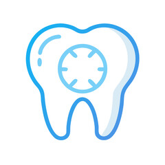 Stylized blue tooth icon with a circular target symbol representing dental health and care
